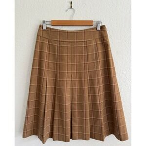 Lands End Wool Cashmere Plaid Pleated Skirt Camel Brown Size 6 Knee Length